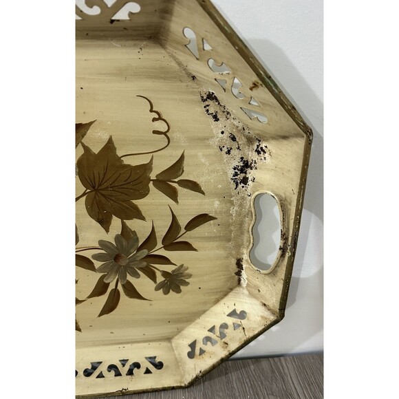 Vintage Tole Ware Tray Tan Gold Hand Painted Metal Cottagecore MCM 18” - Picture 4 of 10